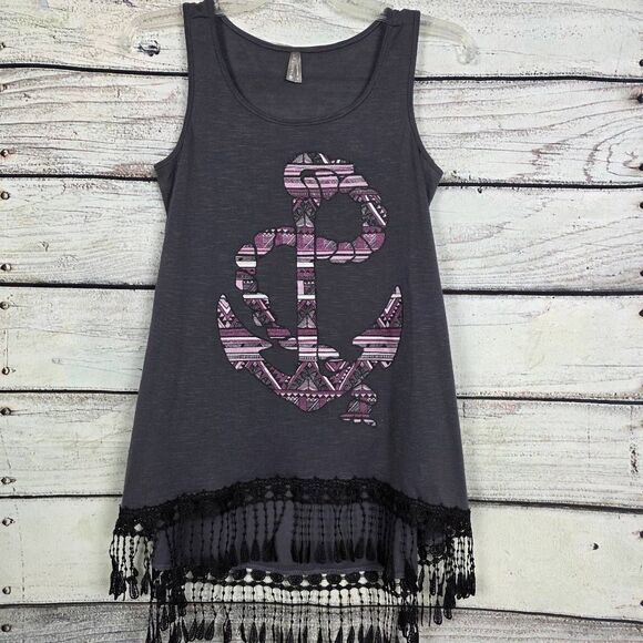 Vanity Gray Anchor Fringe Tank Top Size S - Picture 2 of 6